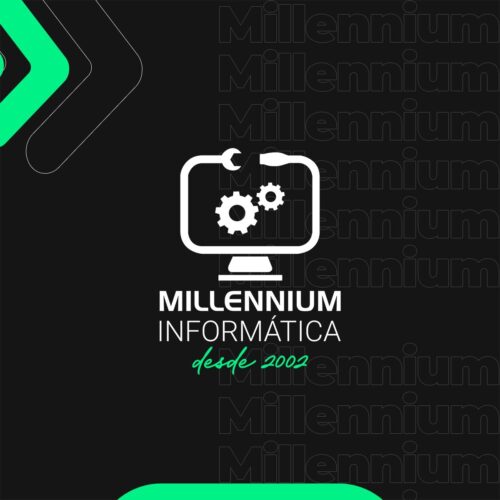 Imagem em fundo preto com detalhes em verde, o logo da Millennium Informática está ao centro na cor branca, e um texto verde abaixo informa que a empresa existe desde 2002. Locação venda e manutenção.